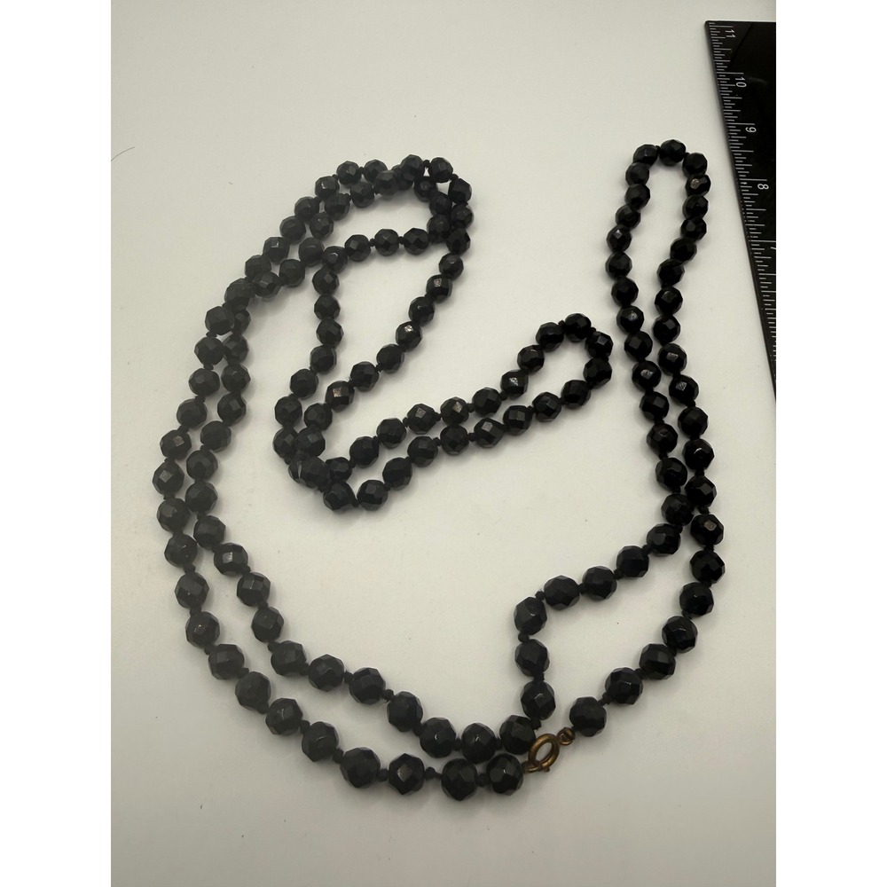 Vintage French Jet Black Faceted Glass Bead Hand Knotted Long Necklace 36 Inch